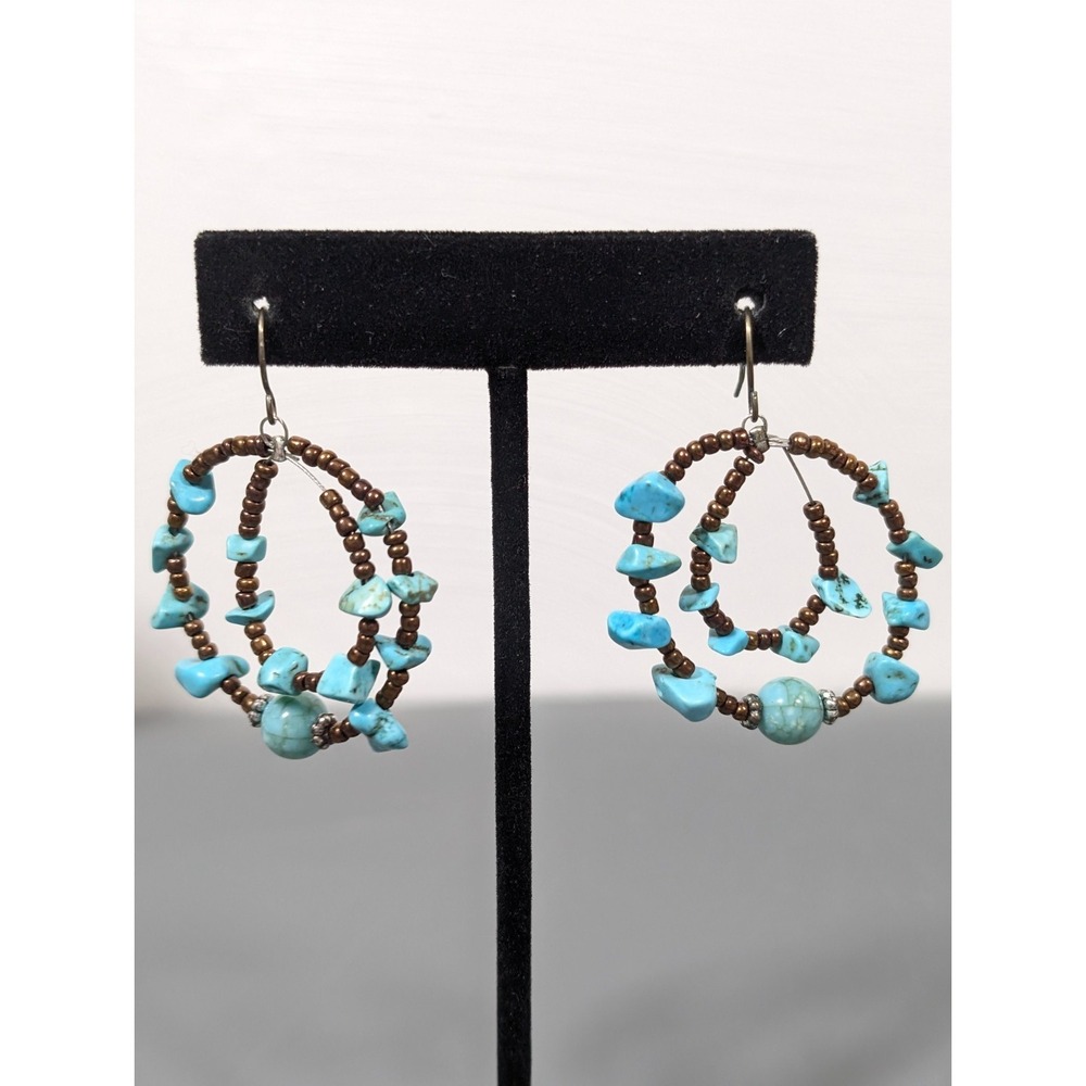 Boho Turquoise Chip Bead Tiered‎ Hoop Earrings - Southwestern Dangle